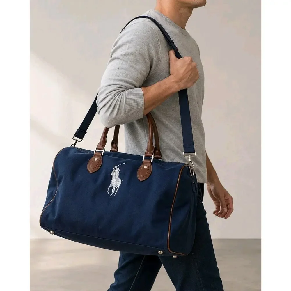Vtg Polo Ralph Lauren Big Pony Canvas Overnight Weekender Duffle Bag Blue Brown